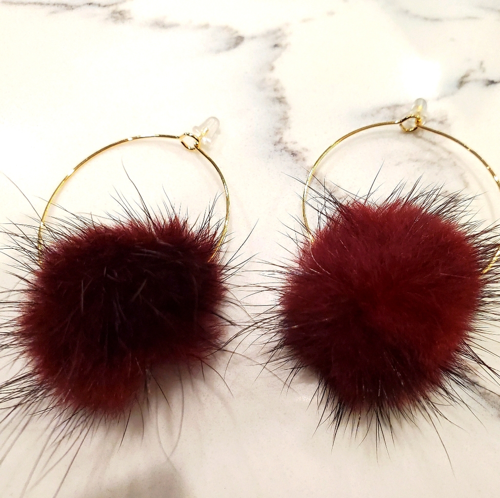 Women's Red Mink Fur Gold Filled Hoops
